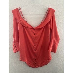 Free People M Coral Off Shoulder Coral Blouse Bell Sleeves Button Detail